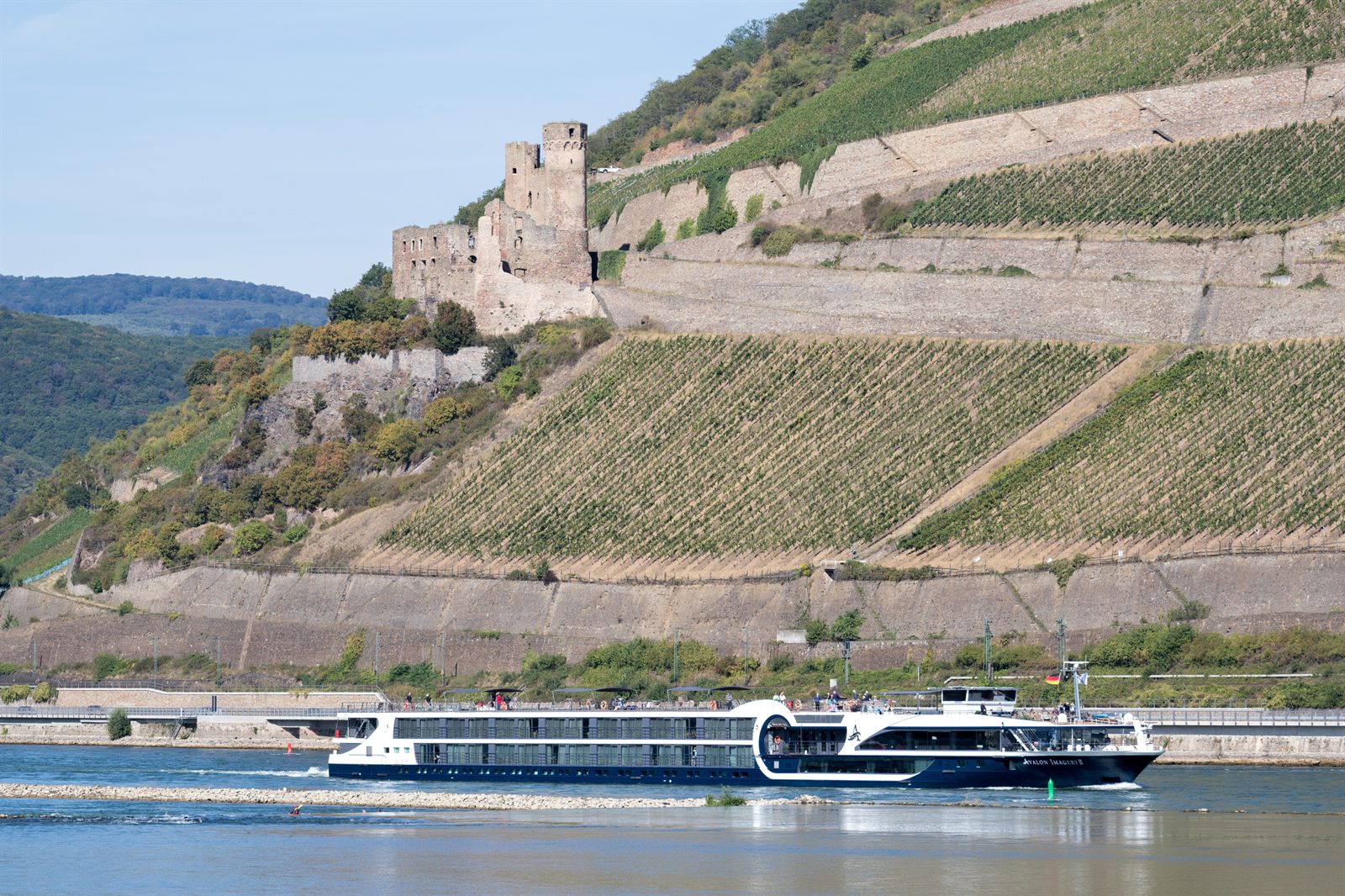 River cruise ship passing Ehrenfels Castle